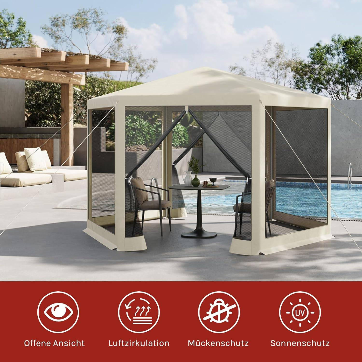 PAVILLON 3,8x3,3 m seckeckig, Gartenpavillon mit Seitenwänden Moskitonetz - Beige, Metall (380/250/330cm) - Woltu