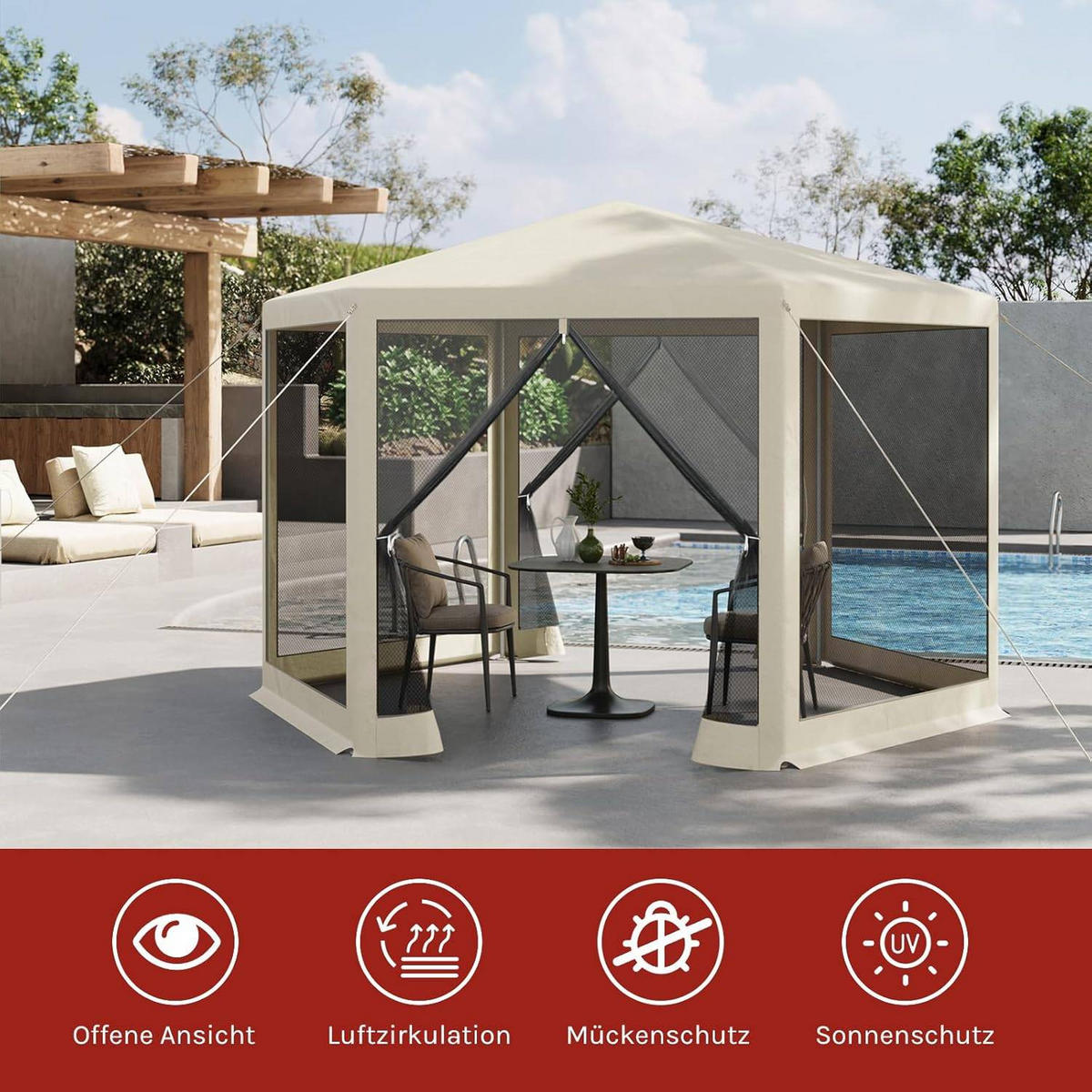 PAVILLON 3,8x3,3 m seckeckig, Gartenpavillon mit Seitenwänden Moskitonetz - Beige, Metall (380/250/330cm) - Woltu