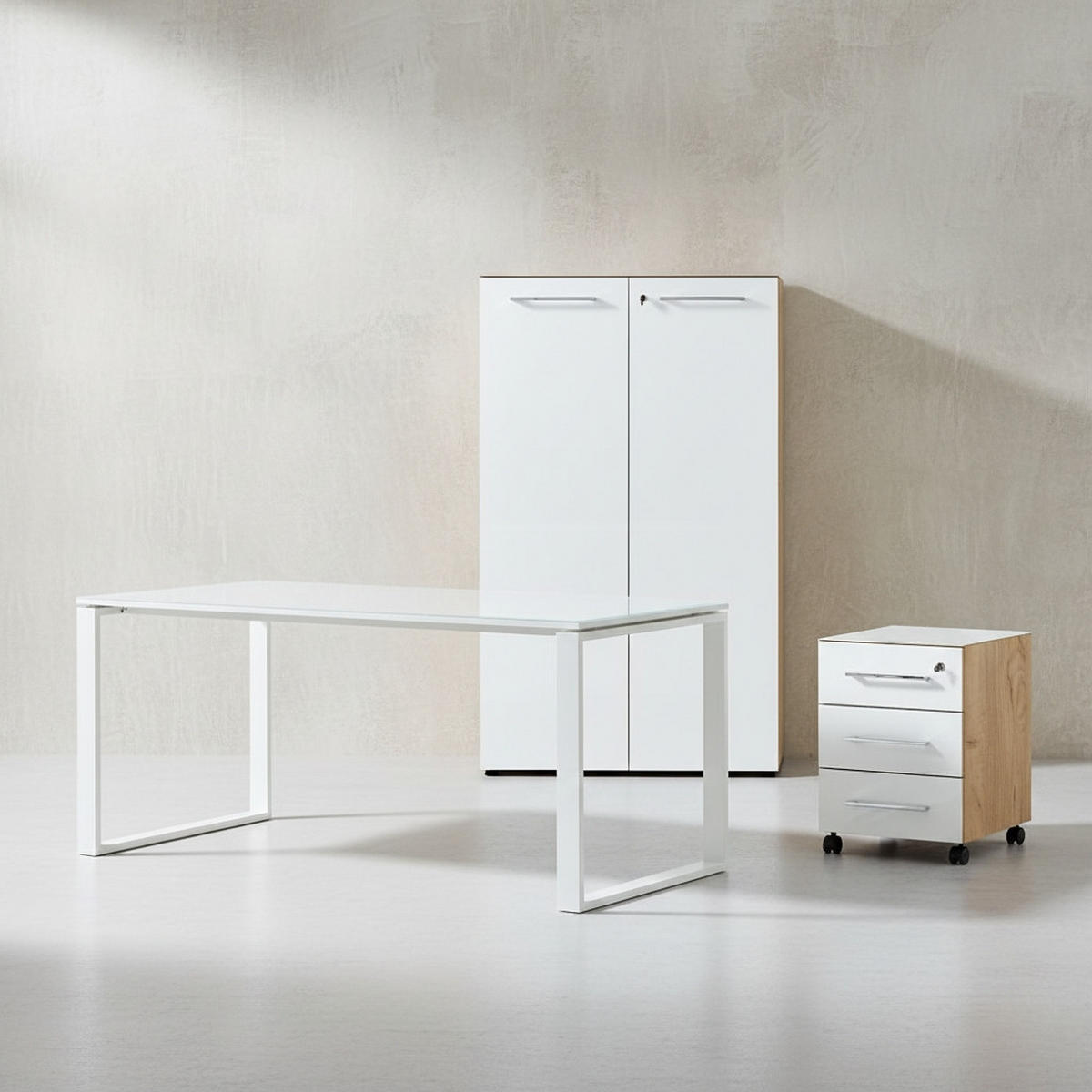 BÜRO-SET MUENCHEN 3-tlg | Schreibtisch, Schrank, Container | Glasfront | Chalet-Eiche-Nb./Weiß - Weiß, Holzwerkstoff/Metall (255/120/80cm) - KADIMA DESIGN