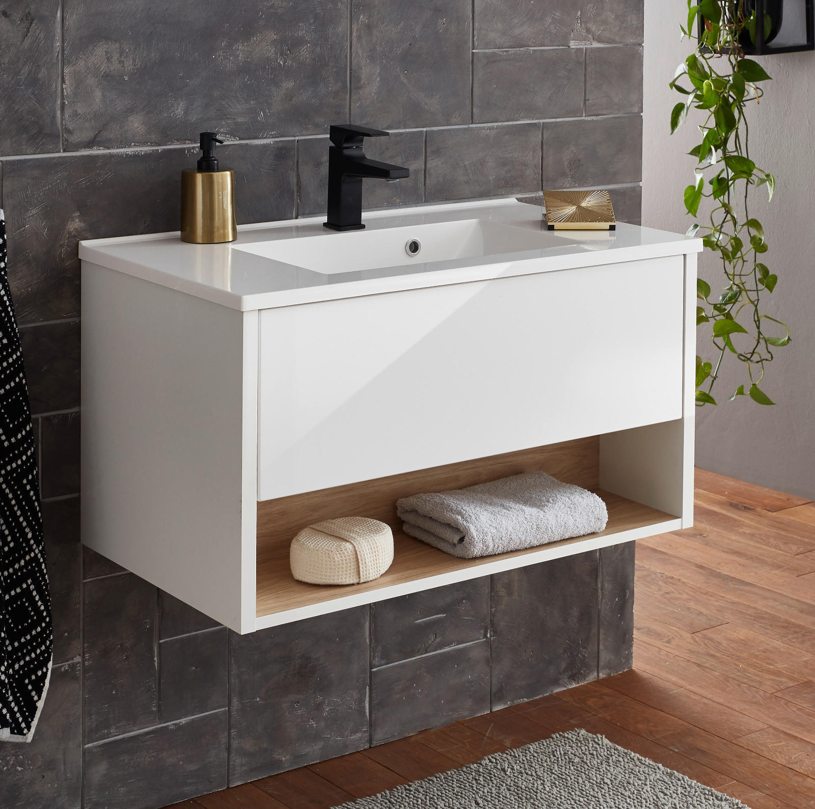 Thumbnail - Furn.Design Waschtisch, Weiß Hochglanz, Holzwerkstoff, Nachbildung,Eiche, Uni, 80x44x47 cm, FSC Mix, Badezimmer, Badezim...