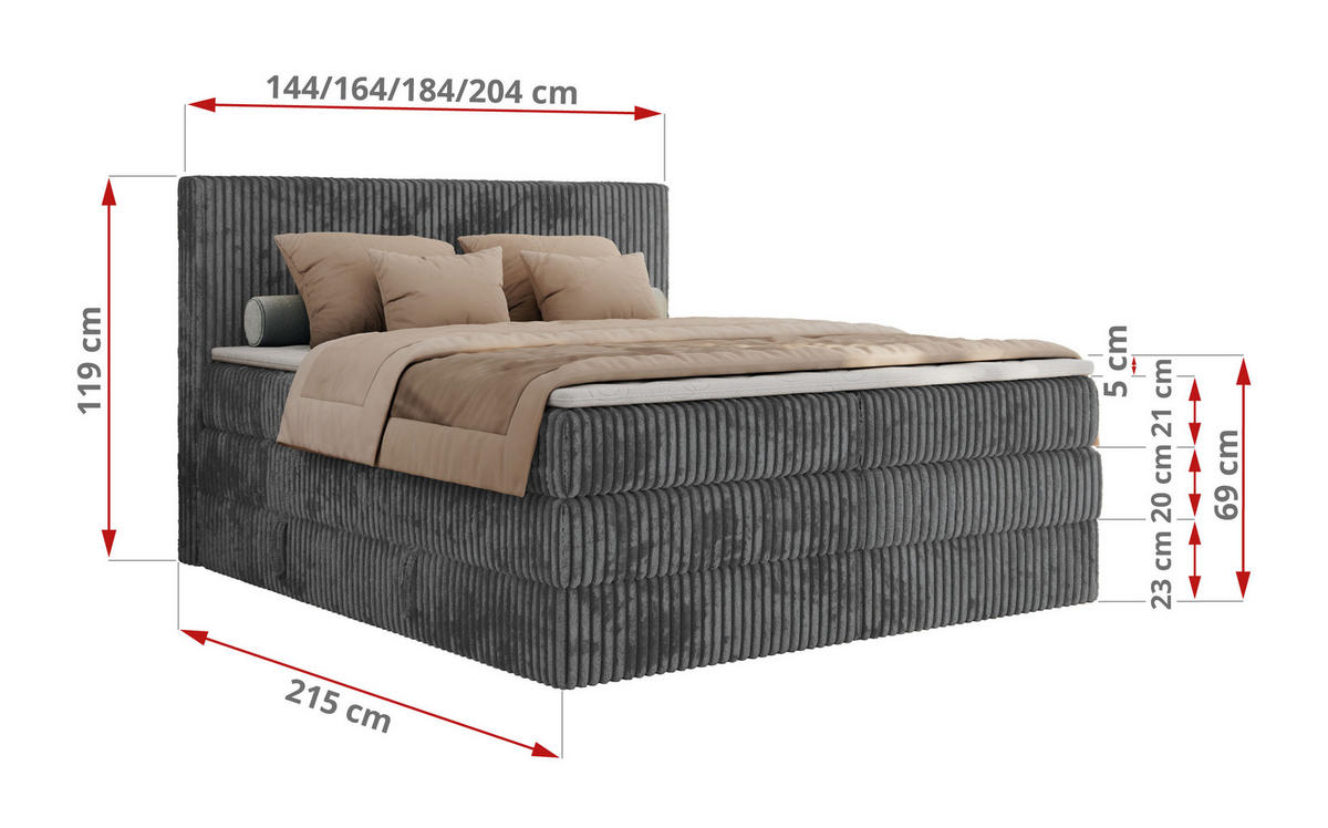 BOXSPRINGBETT TILIANO KING - 180/200 - Grau Cord - H3 - Grau, Holz/Textil (180/200cm) - MKS