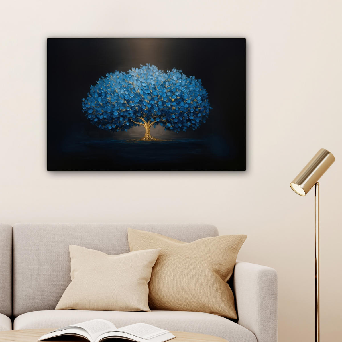 LEINWANDBILD Baum - Blau - Blätter - Pinselstriche Wanddeko 90x60 cm - Blau, Textil (90/60cm) - MuchoWow