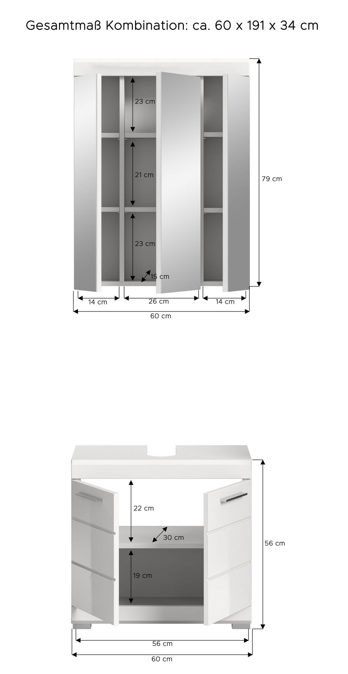 BADKOMBINATION 2tlg. Scout Bad in weiß Nachbildung und weiß hochglanz B/H/T: 60x191x34 cm - Weiß, Holz (60/191/34cm)