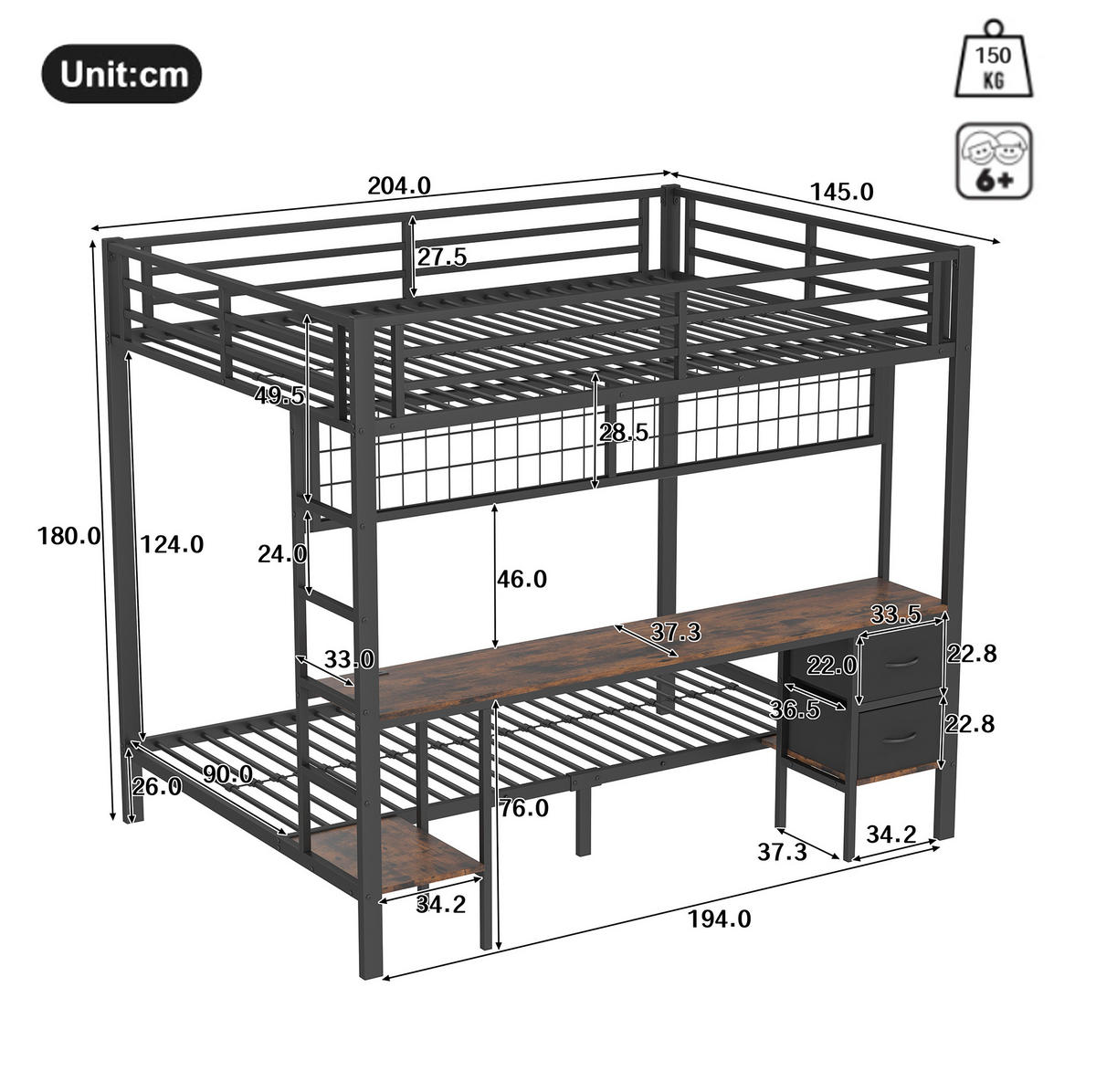 HOCHBETT 140/200 cm Schwarz aus Metall mit Schreibtisch - Schwarz, Metall (140/200cm) - OKMYHOME