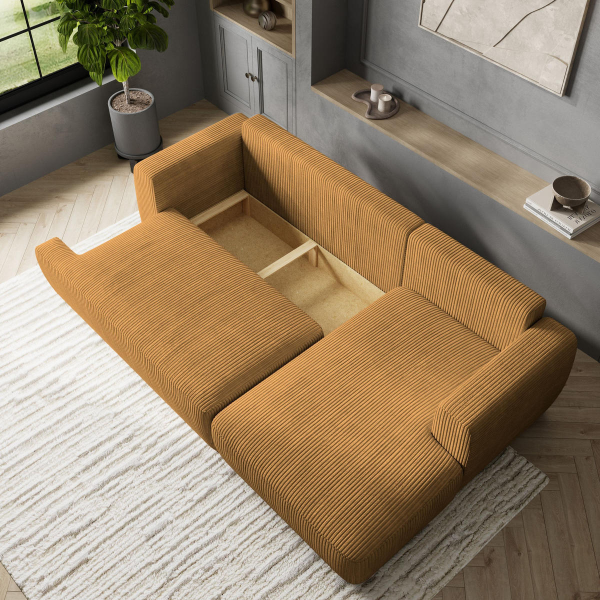 ECKSOFA SENTI P R-S Gelb Kordstoff mit Schlaffunktion - Gelb, Holz (246/148cm) - MASSENO