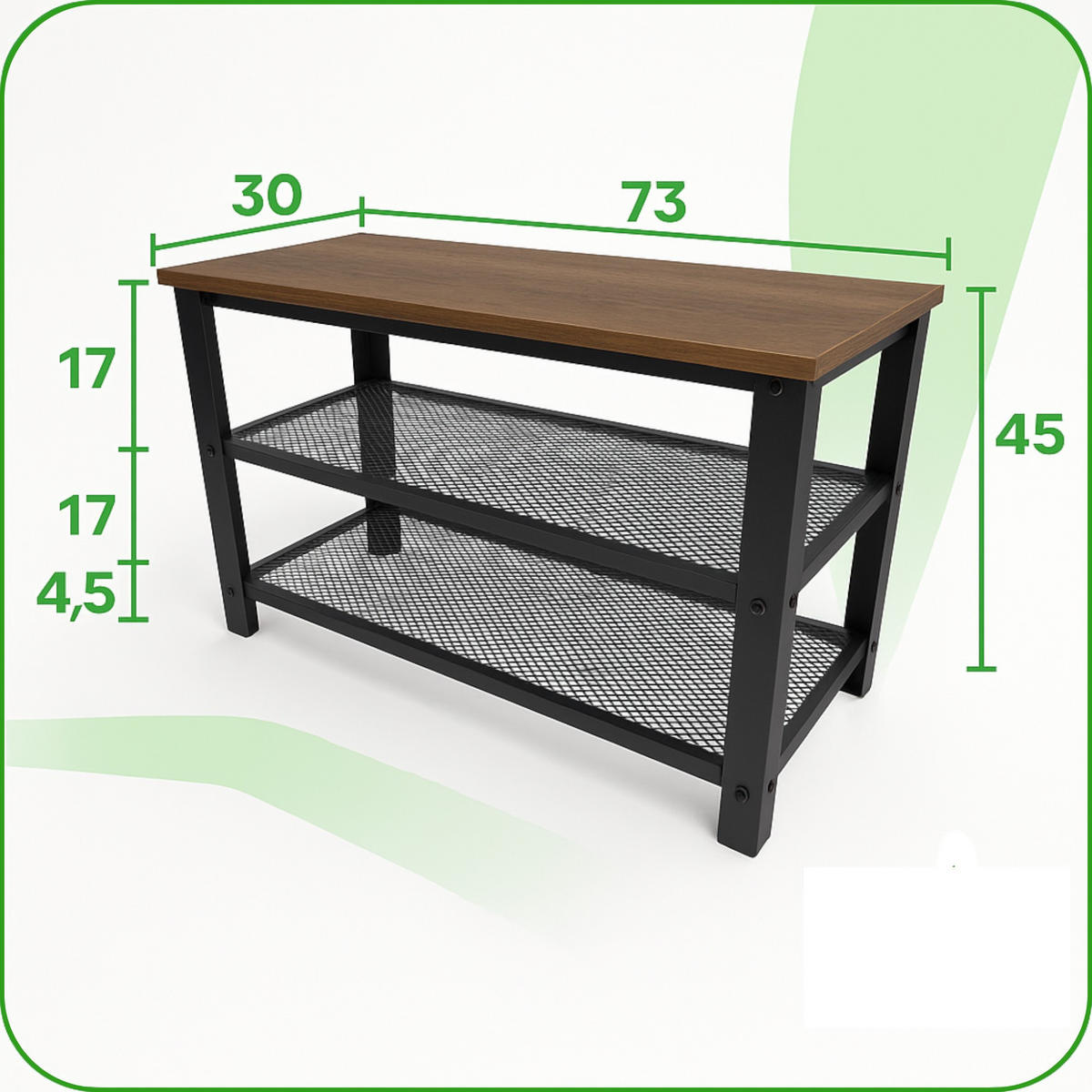 SCHUHBANK Metall Holzoptik Dunkelbraun Schwarz mit 2 Ablagen 73×30×45 cm - Dunkelbraun/Schwarz, Holzwerkstoff/Metall (73/45/30cm) - Begryf