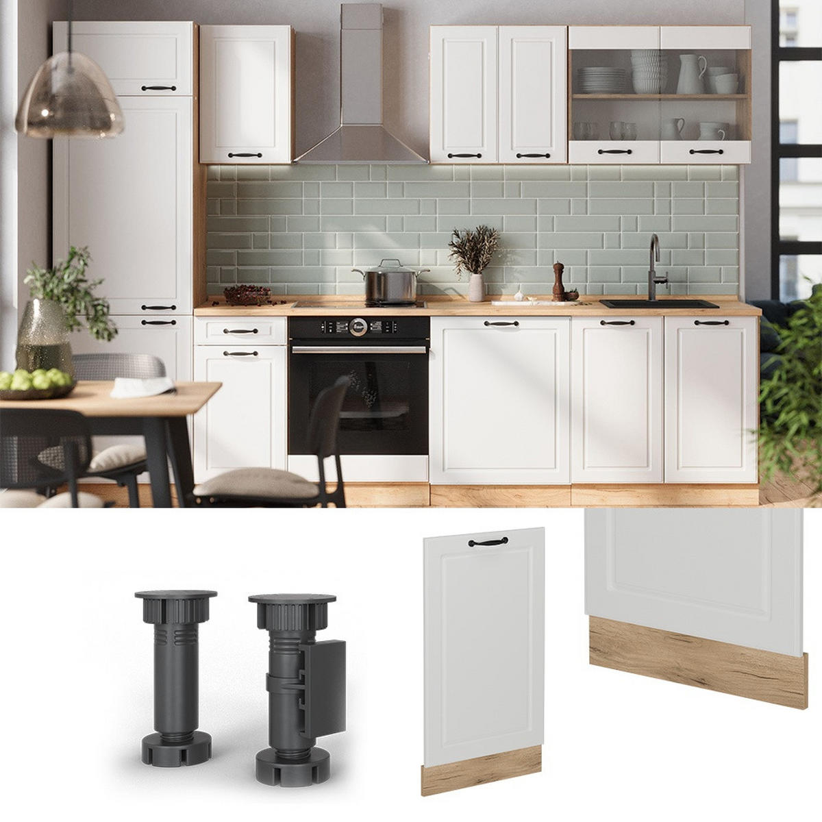 ČELNÍ PANEL MYČKY R-Line Bílý venkovský dům 45 cm , PD Antracit - bílá/medově dubová, kompozitní dřevo (45/81.8/1.6cm) - Vicco