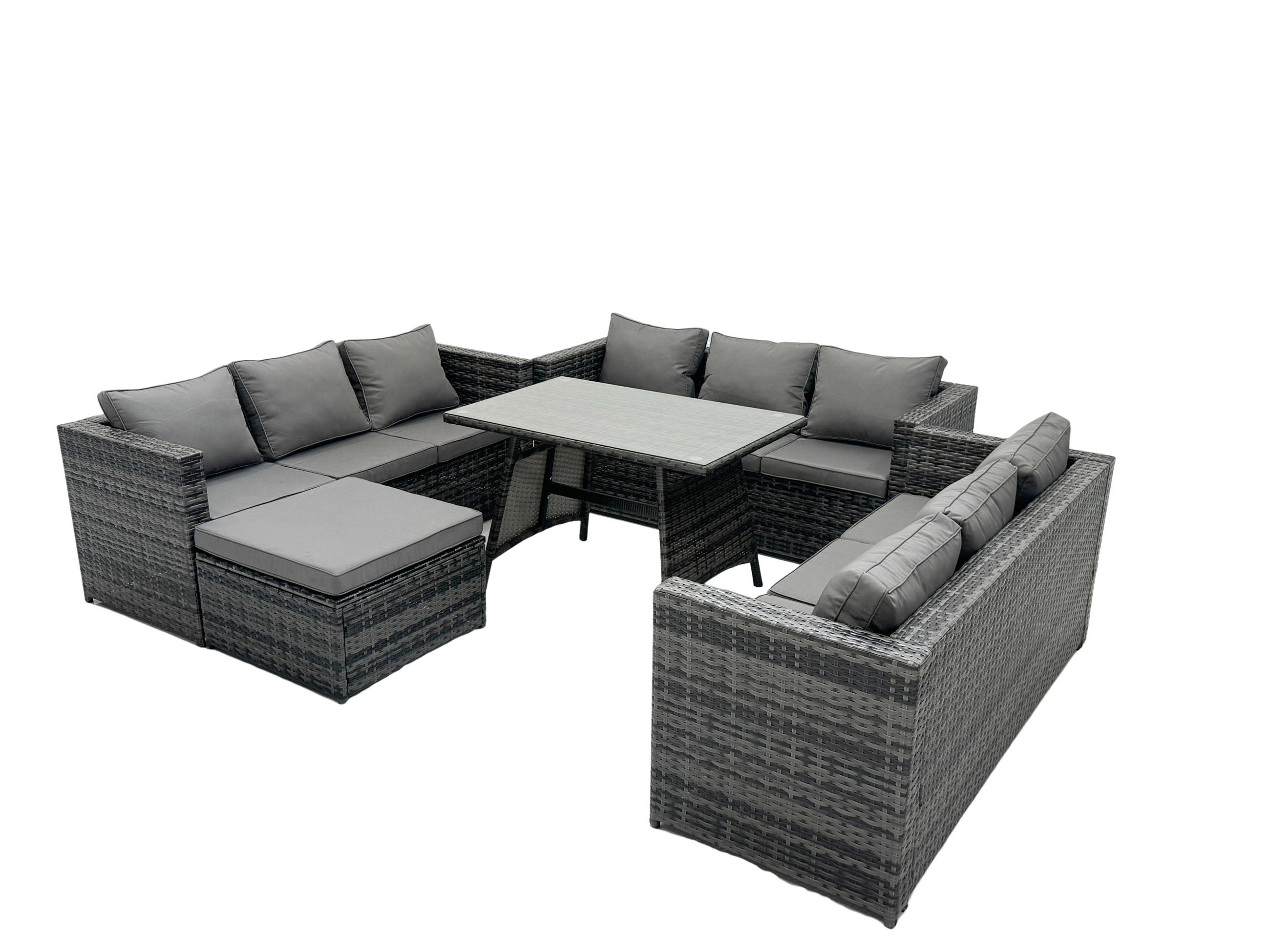 LOUNGESOFA SET Esstisch Polyrattan 10-Sitzer - Dunkelgrau/Grau, Glas/Kunststoff - Fimous