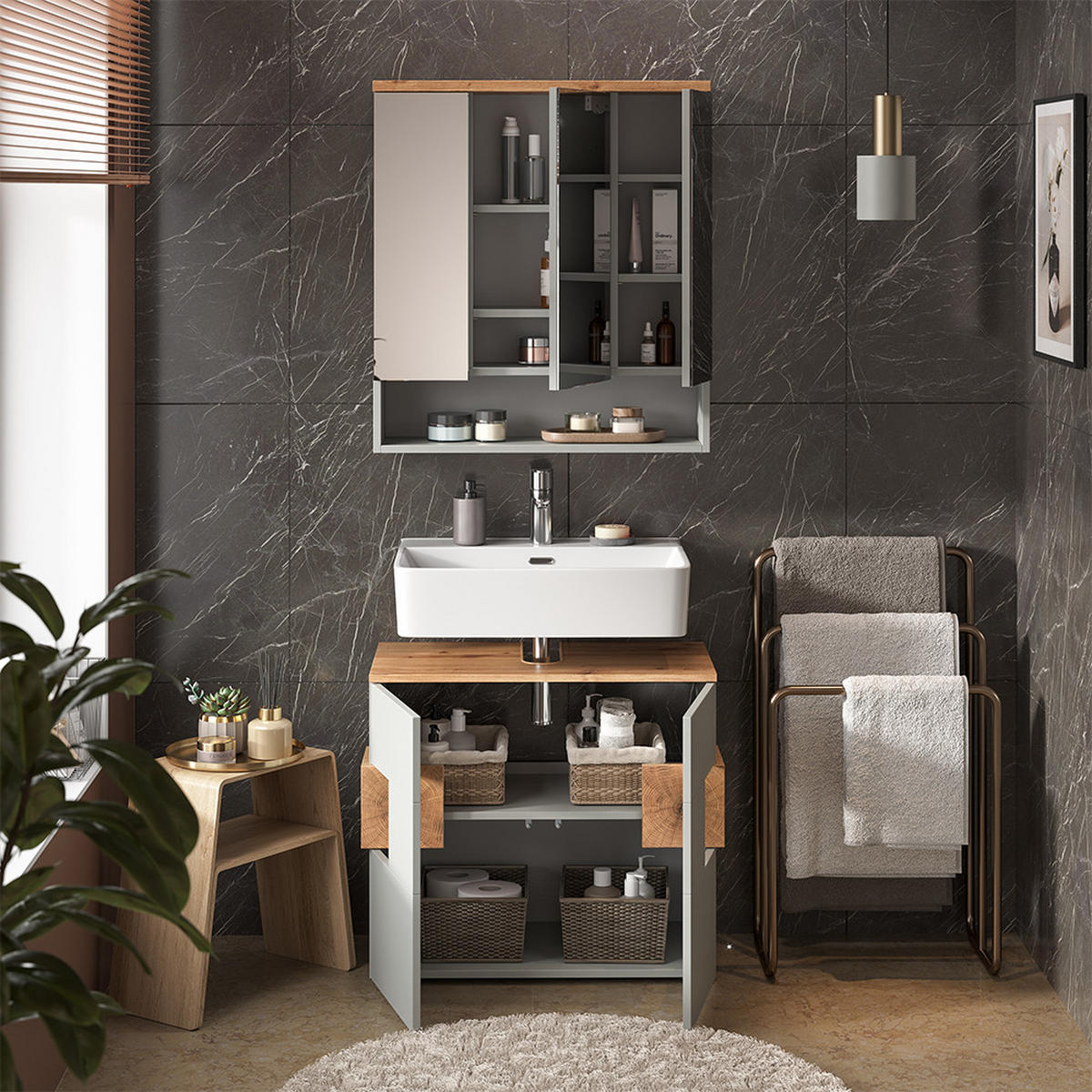 BADMÖBEL-SET Eden Grau 2 Teile - Hellgrau/Grau, Holzwerkstoff (73.1/64/37cm) - Vicco