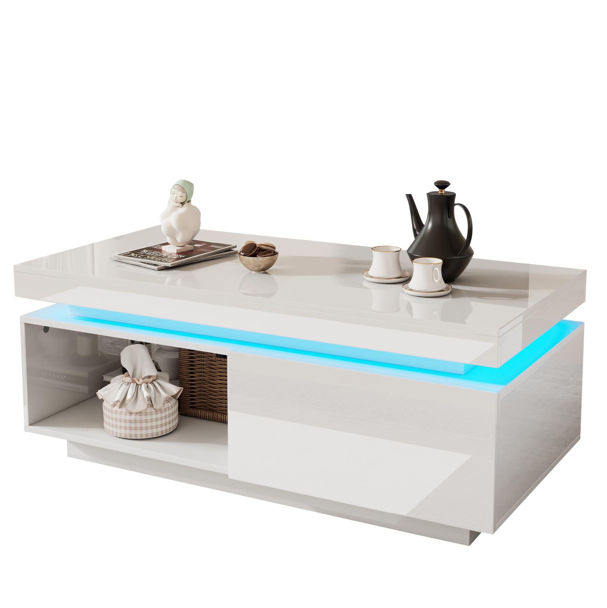 COUCHTISCH 100/50/40.3 cm in Weiß aus Spanplatte mit LED-Beleuchtung und Schublade - Weiß, Holzwerkstoff (100/50/40cm) - OKMYHOME