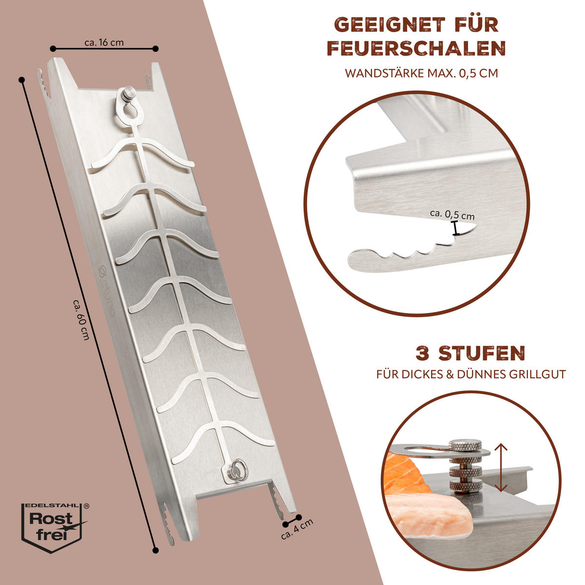 FLAMMLACHSBRETT aus Edelstahl - Edelstahlfarben, Metall (16/60/4cm) - eluno