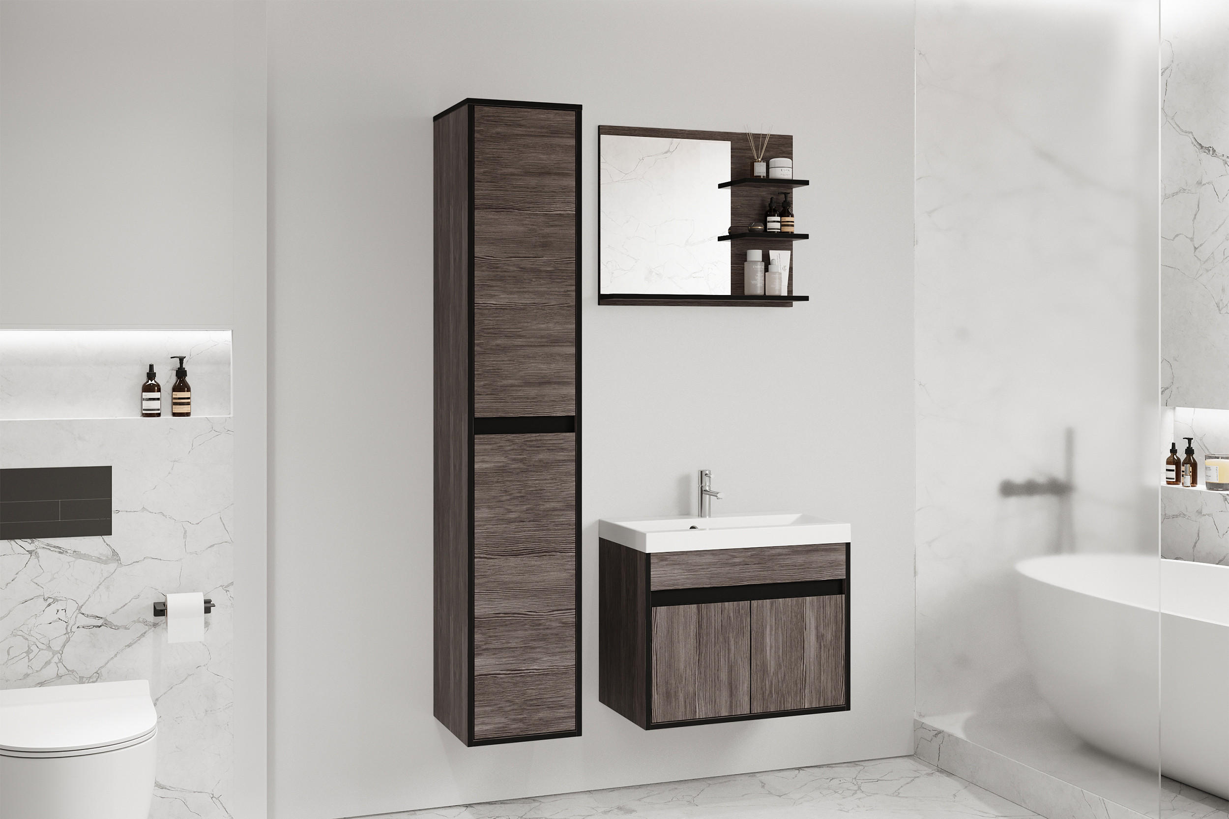 BADEZIMMERMÖBEL-SET Luani Bodega / Schwarz Graphit - Dunkelbraun/Schwarz, Holzwerkstoff (90.2/160/34.5cm) - Selsey