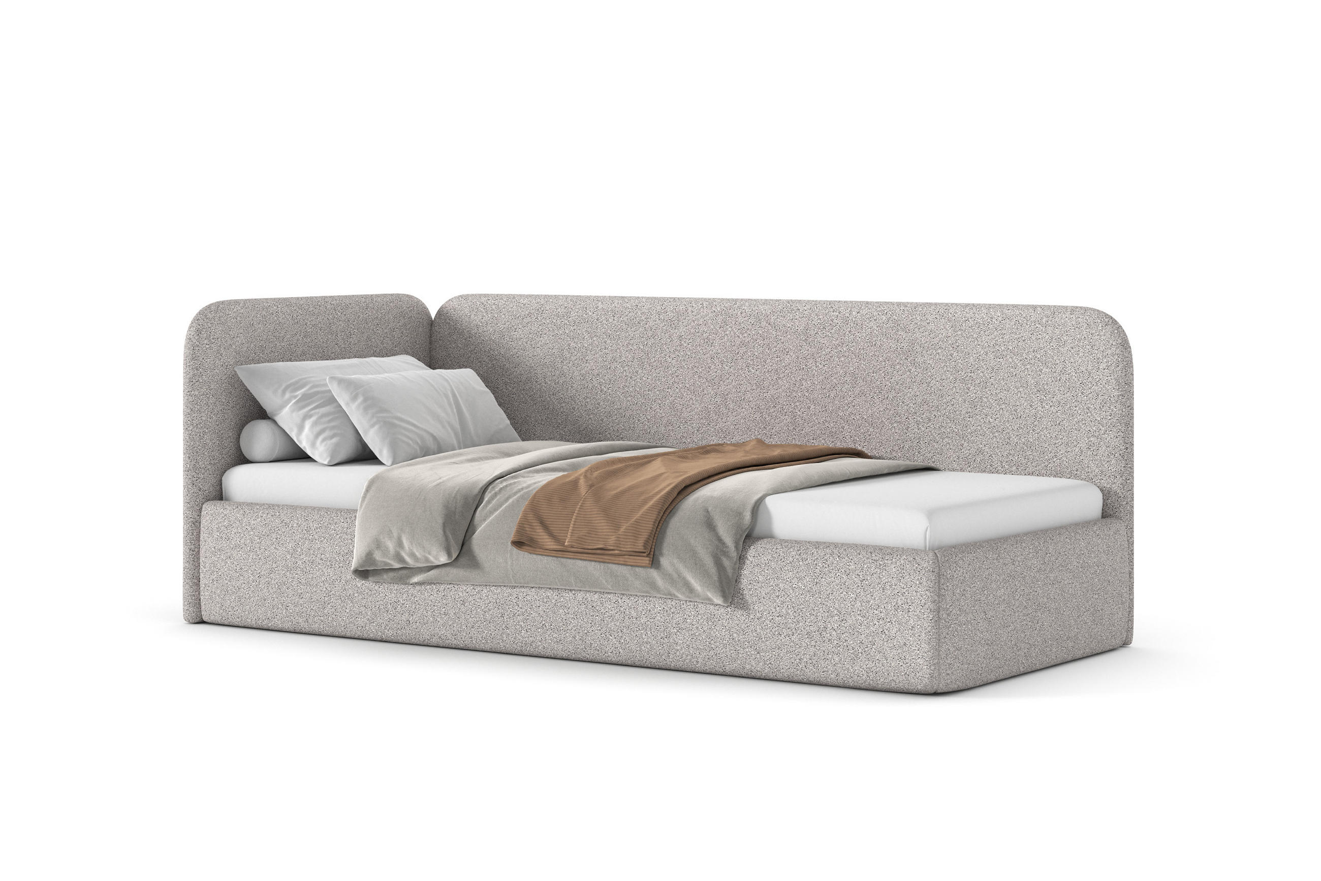 POLSTERBETT BAO mit Bettkasten, Einzelbett, links - 90x200 cm - Naturfarben/Grau, Holz/Textil (90/200cm) - mybed.