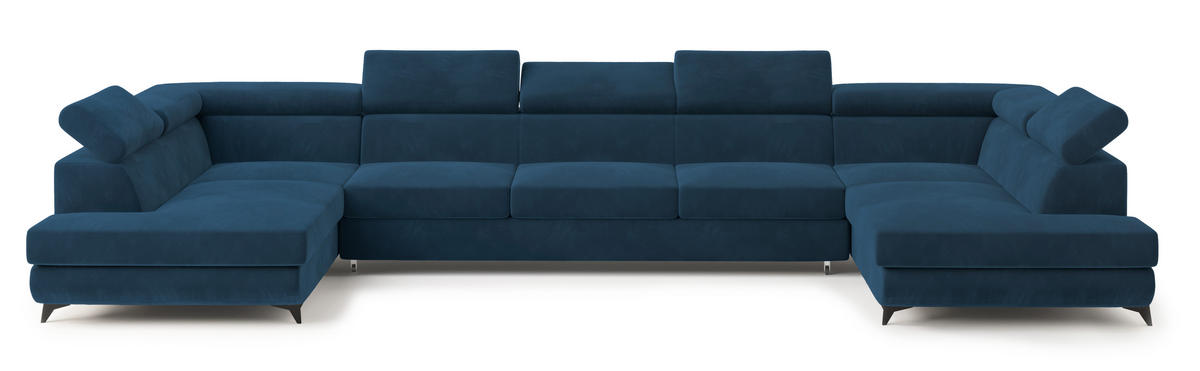 WOHNLANDSCHAFT URMANO Blau Velours-Stoff mit Schlaffunktion - Blau, Holz (395/89/190cm) - MASSENO