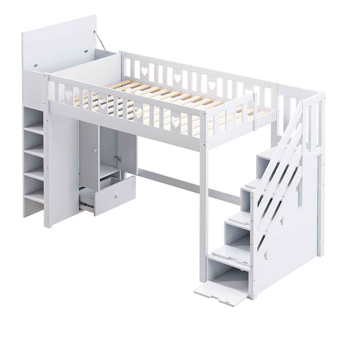HOCHBETT 90/200 cm mit Stauraumleiter, Regalen, klappbarem Stauschrank und herzförmigem Geländer, Weiß - Weiß, Holzwerkstoff (90/200cm) - Redom