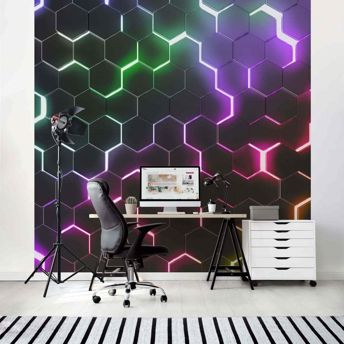 FOTOTAPETE Strukturierte Hexagone mit Neonlicht 240/240 cm - Multicolor, Papier (240/240cm) - Bilderwelten