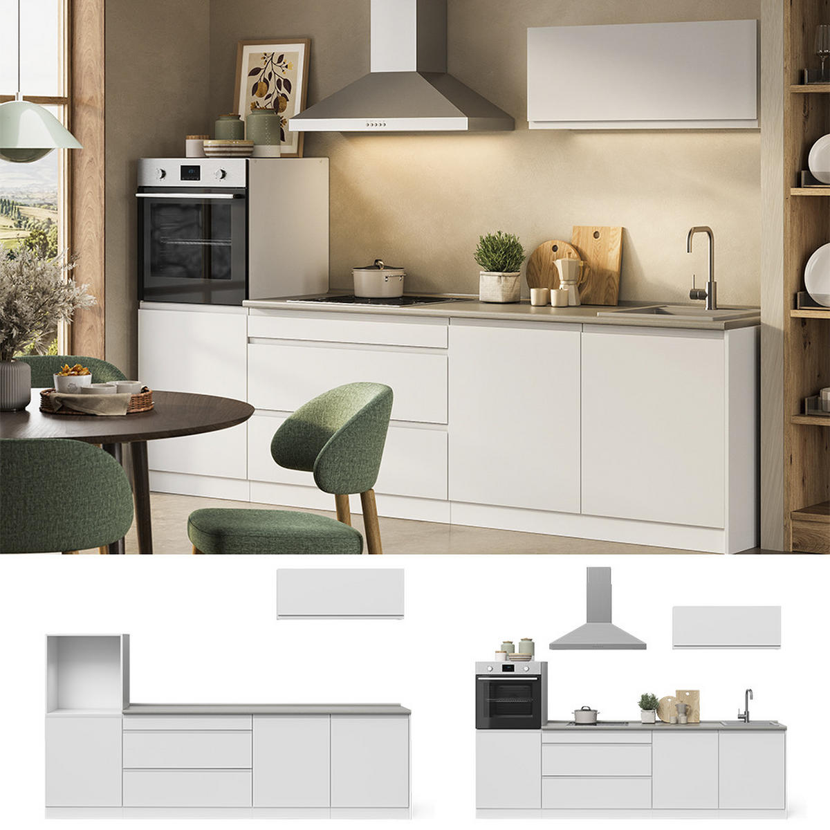 KÜCHENZEILE R-Line, Weiß/Weiß, 280 cm Arbeitsplatte Satin - Weiß, Holzwerkstoff (280/143/60cm) - Vicco