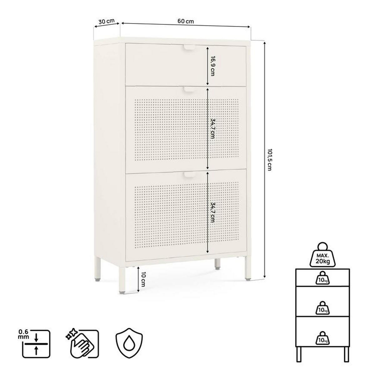 SCHUHSCHRANK RUBEN aus beigefarbenem Metall im Industriestil mit 2 Klappen und 1 Schublade - Beige, Metall (60/101.5/30cm) - Sicaan