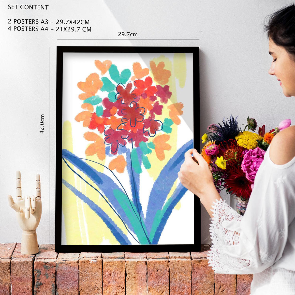 POSTER Set Mit 6 Flora Vein Abstrakte Blumenmuster Größe A3 & A4 Rahmen aus hellem Holz - Beige, Papier (29.7/1cm) - Nacnic