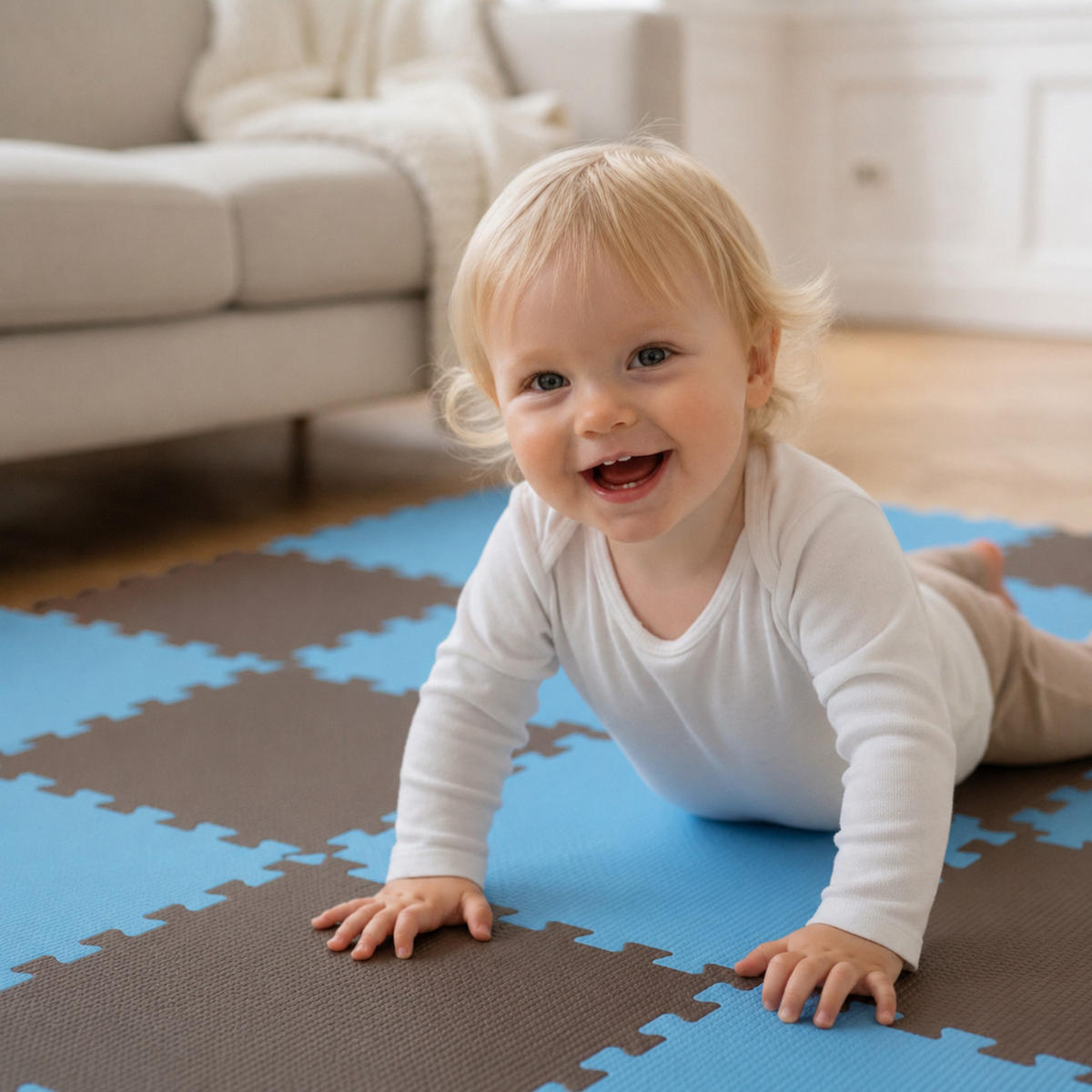 SPIELMATTE ab Null - 180/90/1 cm Puzzlematte Blau - Braun/Hellblau, Kunststoff (30/30cm) - Littletom