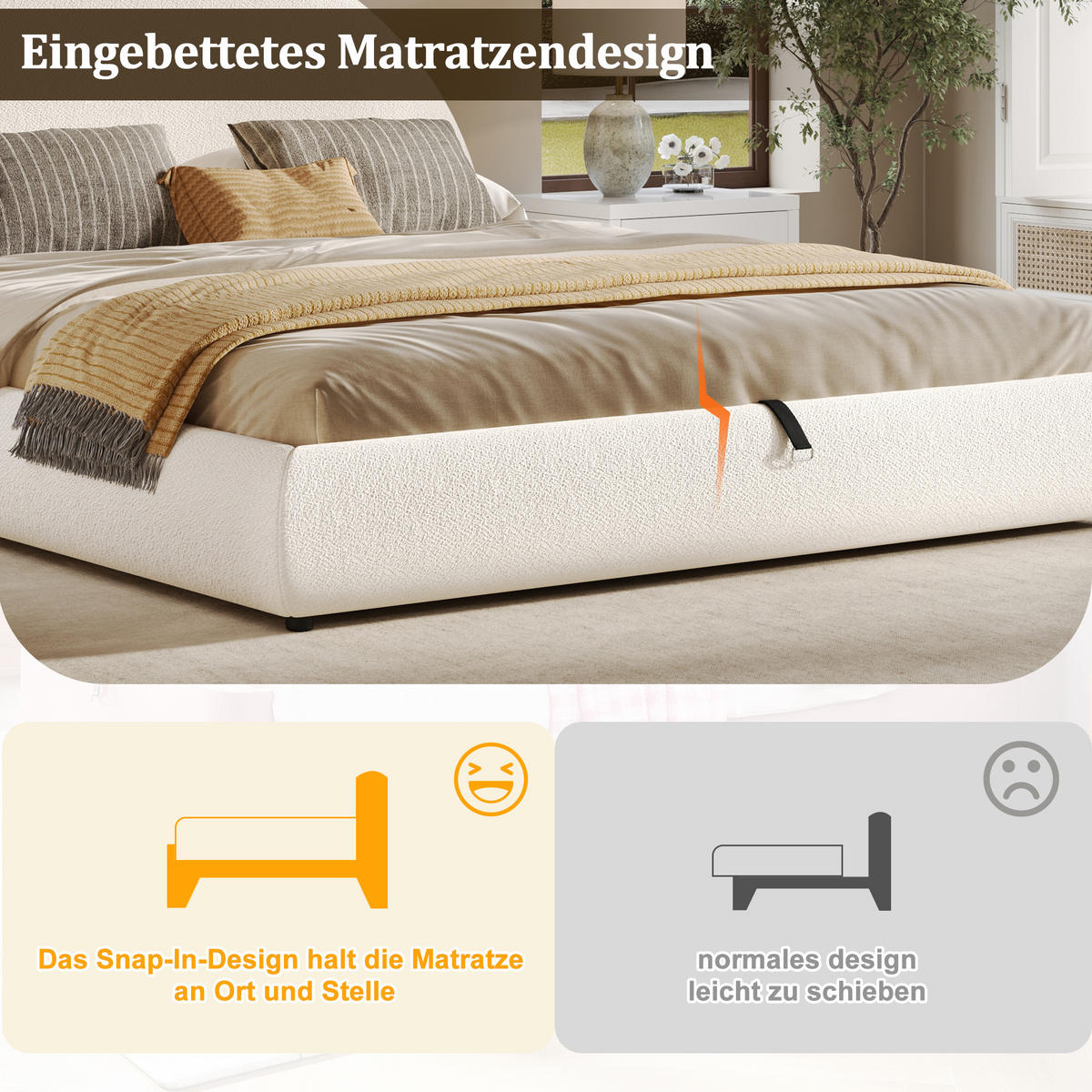 POLSTERBETT 180/200 cm in Weiß mit Bettkasten Bouclé Design - Beige, Holzwerkstoff/Textil (180/200cm) - STILVORA