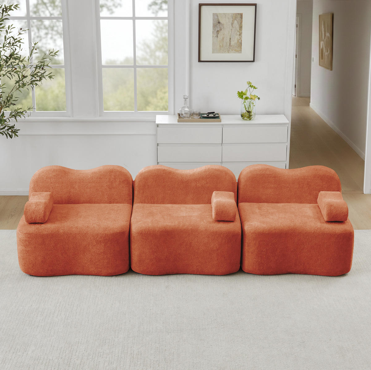SOFA 288/98/70 cm in Orange aus Samt mit tiefer Sitzfläche - Orange, Textil (98/70/288cm) - Flora Grace