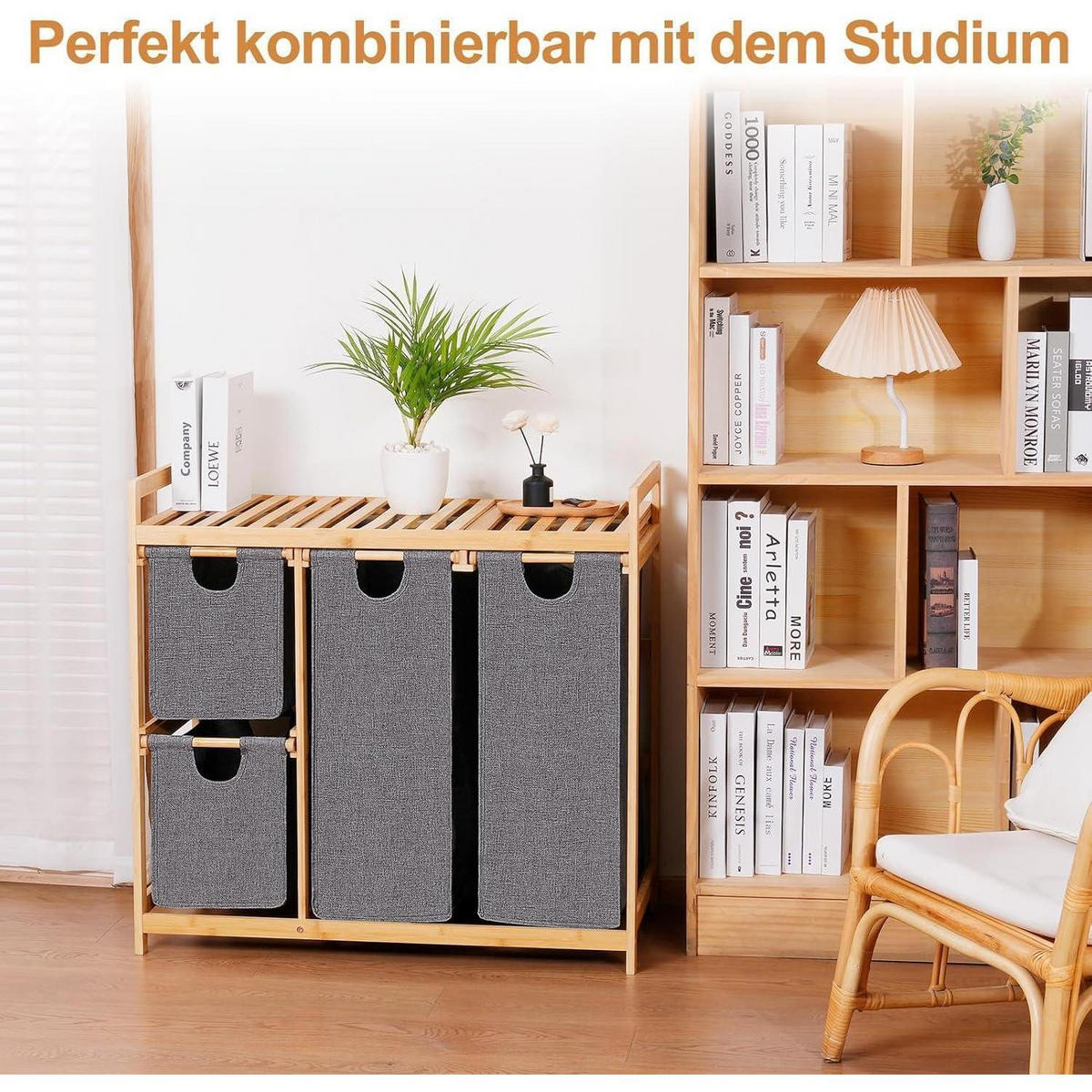 WÄSCHEKORB mit Ablage Bambus Grau 77 cm - Grau, Naturmaterialien (42/85/80cm)