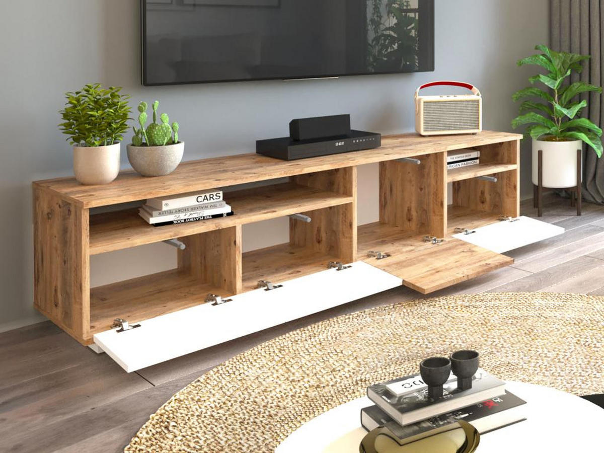 TV-MÖBEL mit 4 Türen & 2 Regalen - Holzfarben hell & Weiß - CEDONA - Naturfarben, Holz (44.5/44.6/180cm) - Vente-Unique