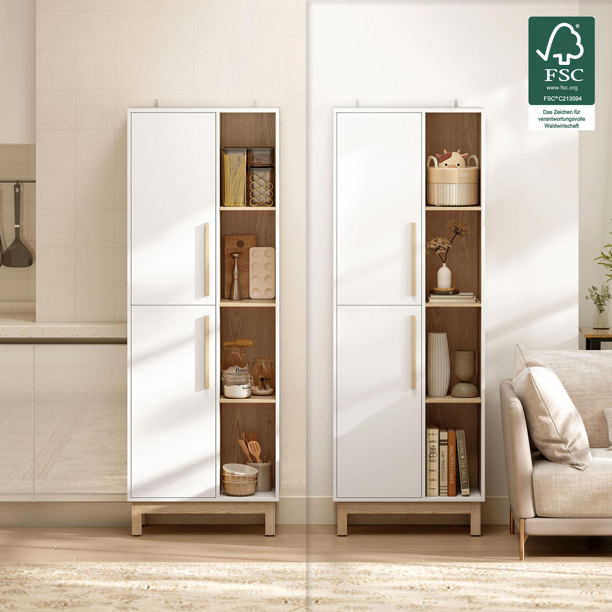 BÜCHERREGAL mit 2 Türen Standregal mit 4 Offenen Ebenen Verstellbaren Ablagen - Multicolor/Weiß, Holzwerkstoff (35/176/62.5cm) - HOMCOM