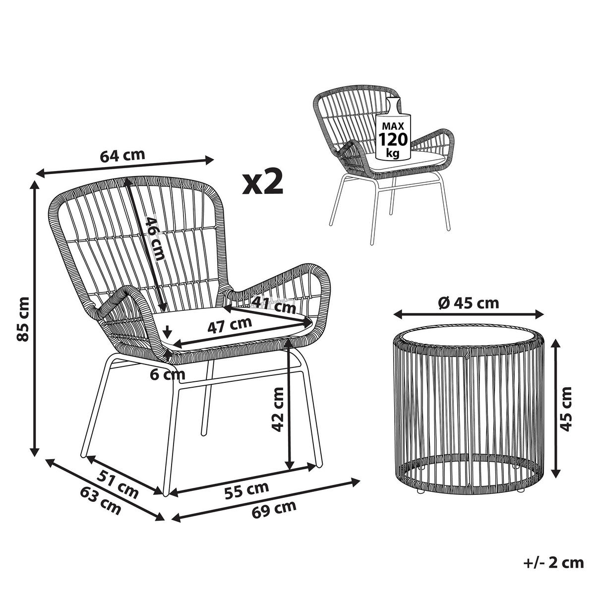 BALKONSET 2-Sitzer Rattan natürlich Auflagen hellgrau Labico - Beige/Schwarz, Kunststoff - Beliani