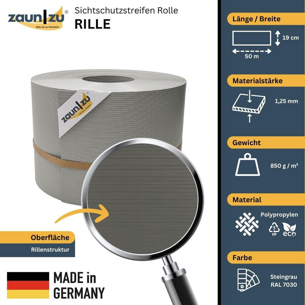 SICHTSCHUTZSTREIFEN Rille PP für Doppelstabmatte Zaunblende Steingrau 50m - Graubraun, Kunststoff (5000/19cm) - ZAUN|ZU