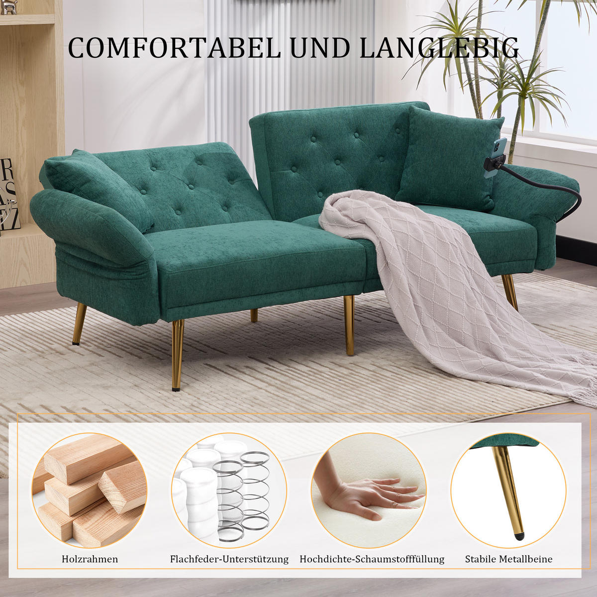 SCHLAFSOFA 2-Sitzer Chenille mit 3-fach verstellbarer Rückenlehne und USB-Anschluss Smaragdgrün 173/78/78 cm - Smaragdgrün, Textil (78/78/173cm)