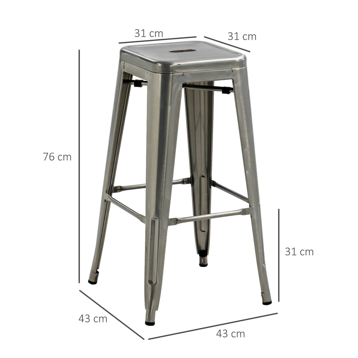 BARHOCKER 4er-Set DE-14729 industriell stapelbar mit Fußstütze Silber - Silberfarben, Metall (43/76/43cm) - ComfortXL