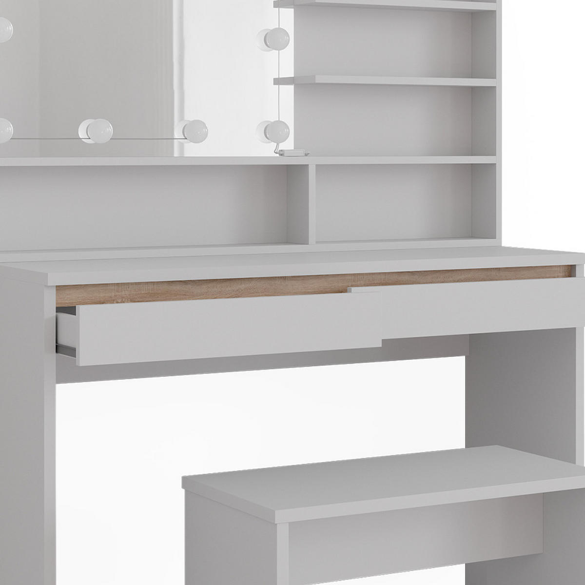 SCHMINKTISCH Emma Weiß 120 cm mit Spiegelregal, Bank & LED-Beleuchtung - Weiß, Holzwerkstoff (120/83/41.8cm) - Vicco