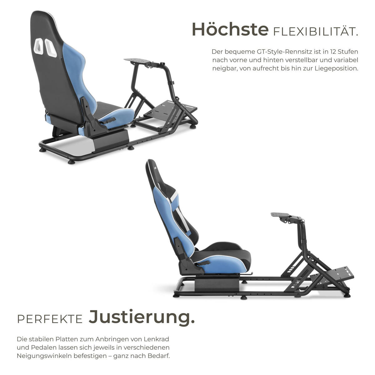 GAMINGSTUHL Play Racing-Cockpit, GT-Style, Logitech/Fanatec kompatibel, schwarz/azurblau,57 x 144 x 108,5 cm - Schwarz/Hellblau, Metall (57/62/220cm) - tectake