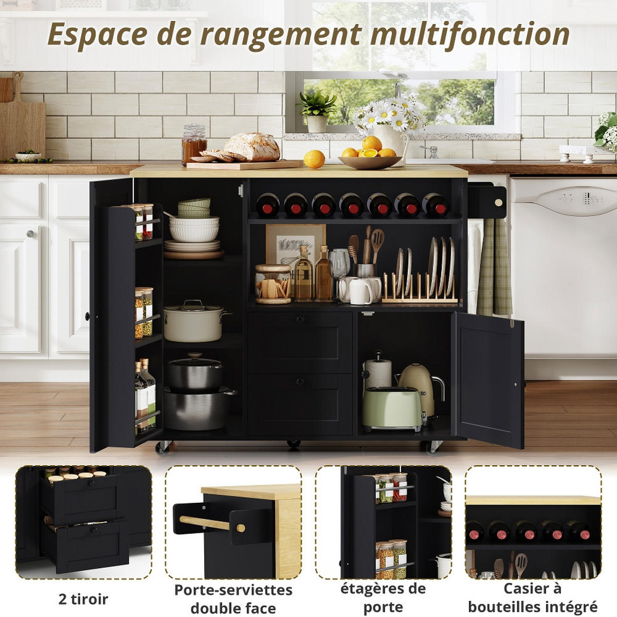 KÜCHENINSEL MOBILE Klappbar mit Weinregal, MDF, 104/69/89 cm - Naturfarben, Kunststoff (69/89/104cm) - Rolipo