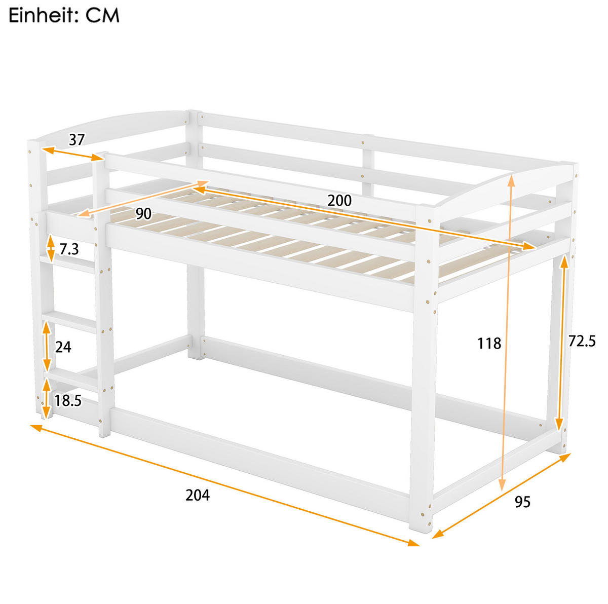 ETAGENBETT 90/200 cm, Weiß, aus Kiefer massiv, platzsparend - Weiß, Holz (90/200cm) - MIVRAY
