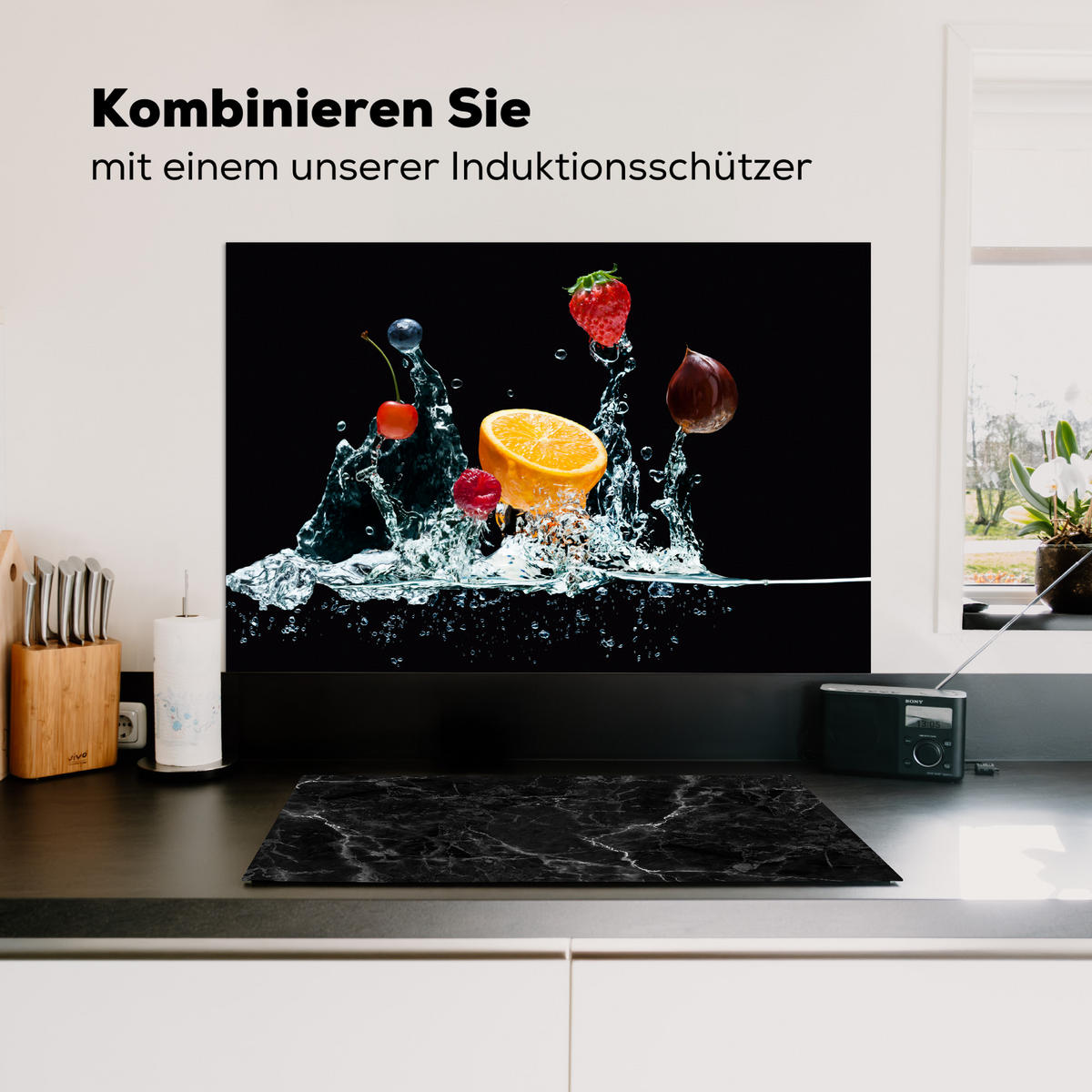 SPRITZSCHUTZ KÜCHE Wasser - Obst - Orange - Erdbeere - Kirsche - Schwarz 80x55 cm - Orange, Metall (80/0.3/55cm) - MuchoWow