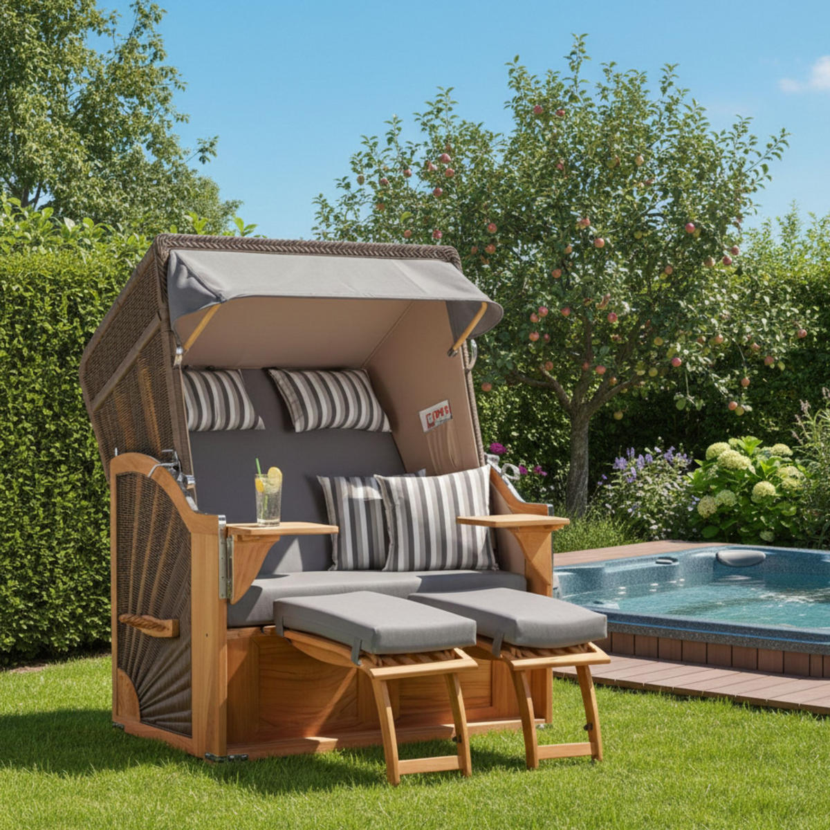 STRANDKORB SEEBLICK 2 Sitzer Teak - Braun/Grau, Metall (125/170/80cm) - Mr. Deko