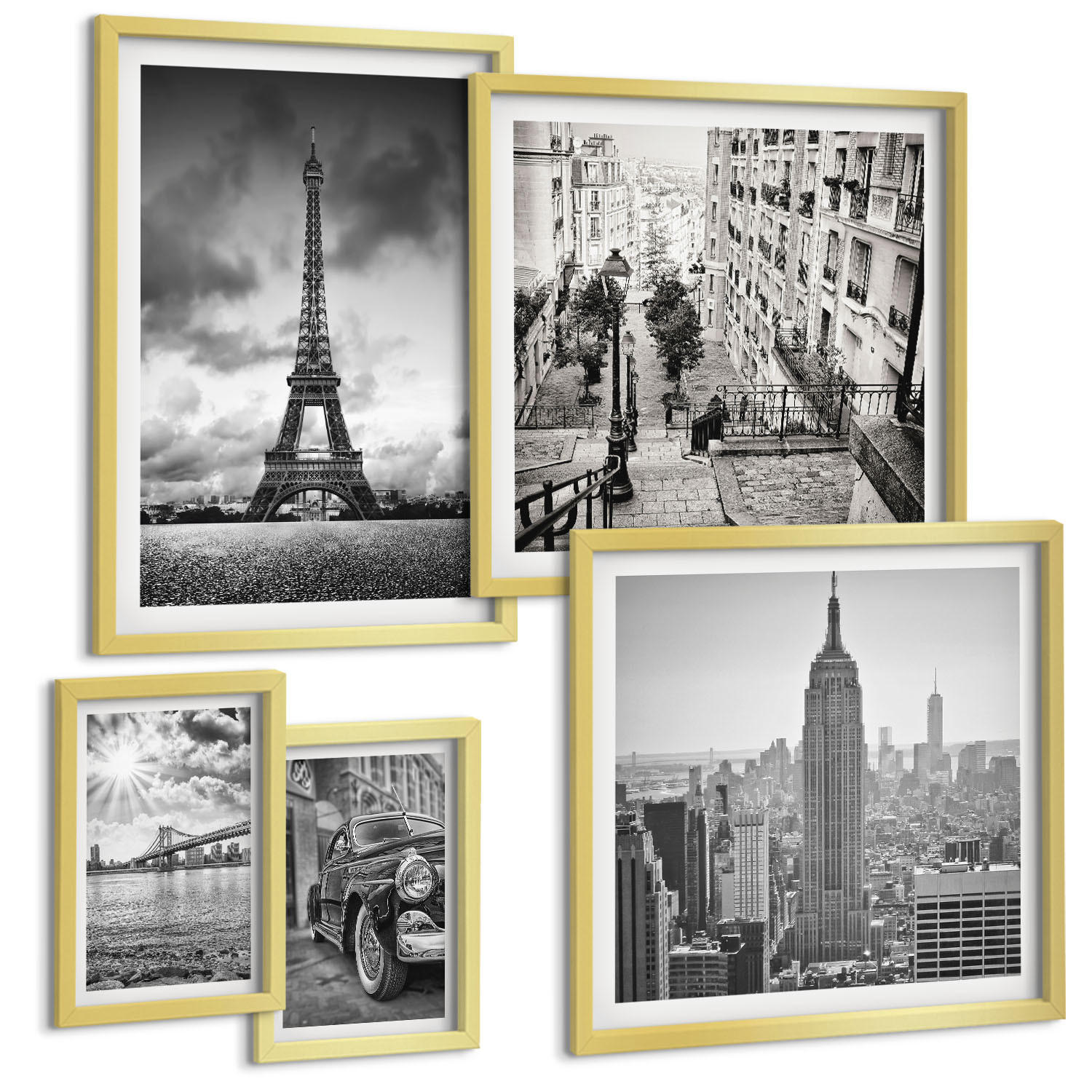 BILDER SET 5er Set - 50x50 cm & 20x30 cm & 40x60 cm Goldrahmen - Neonlinienwellen im Hintergrund - Goldfarben, Kunststoff (40/60cm) - TULUP