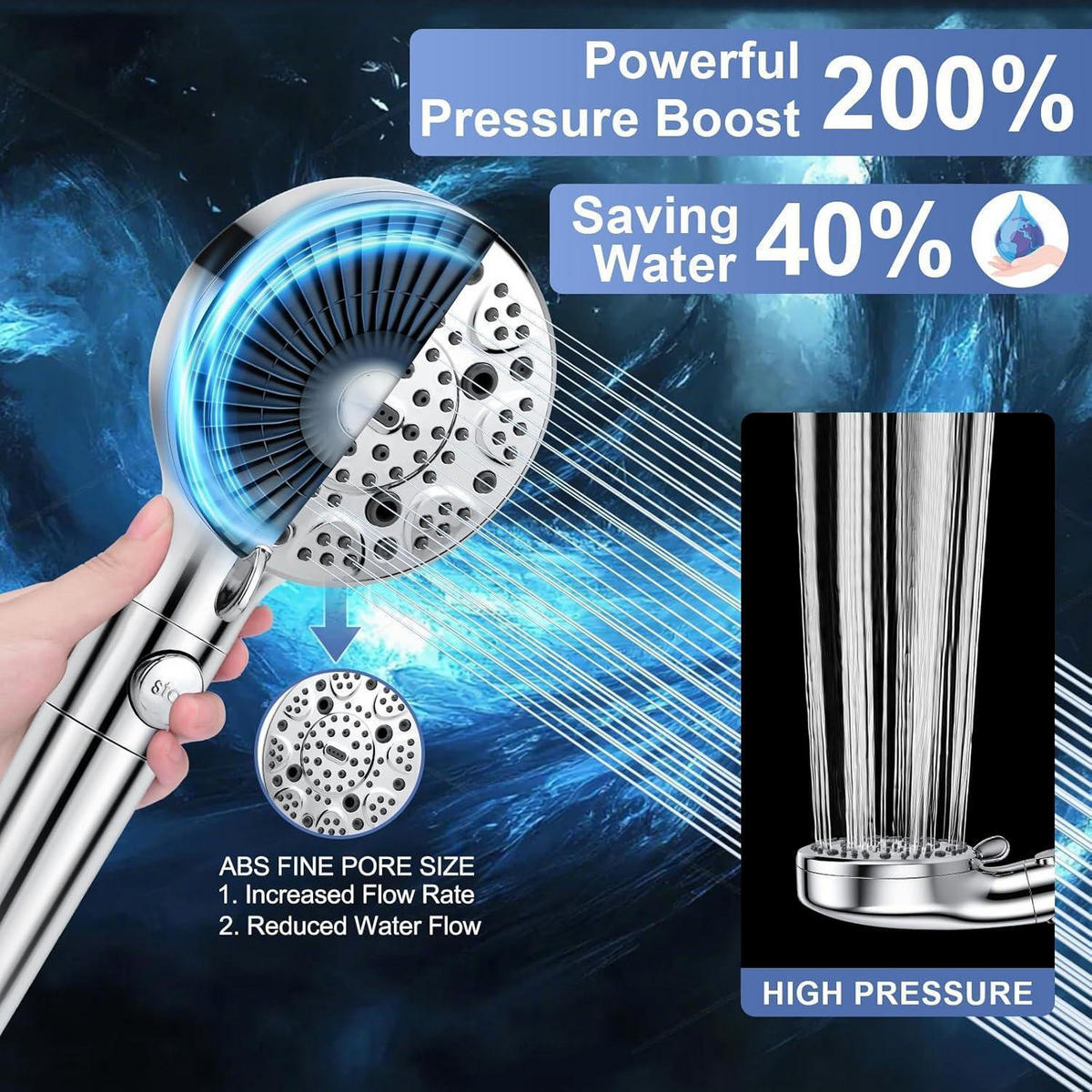 DUSCHKOPF mit Schlauch 2M 9 Strahlarten 15-stufige Filterung Hochdruck Wassersparend Stoppfunktion Chrom - Silberfarben, Metall (12.7/12.7/26cm)