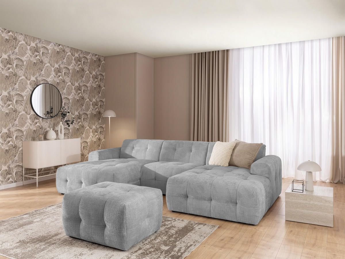 WOHNLANDSCHAFT inkl. Hocker Kozy im Bumpy-Design mit Schlaffunktion und fester Rückenlehne aus weichem Hellgrau Chenille-Stoff - Hellgrau/Schwarz, Holz/Kunststoff (323/79/161cm) - S-Style Möbel