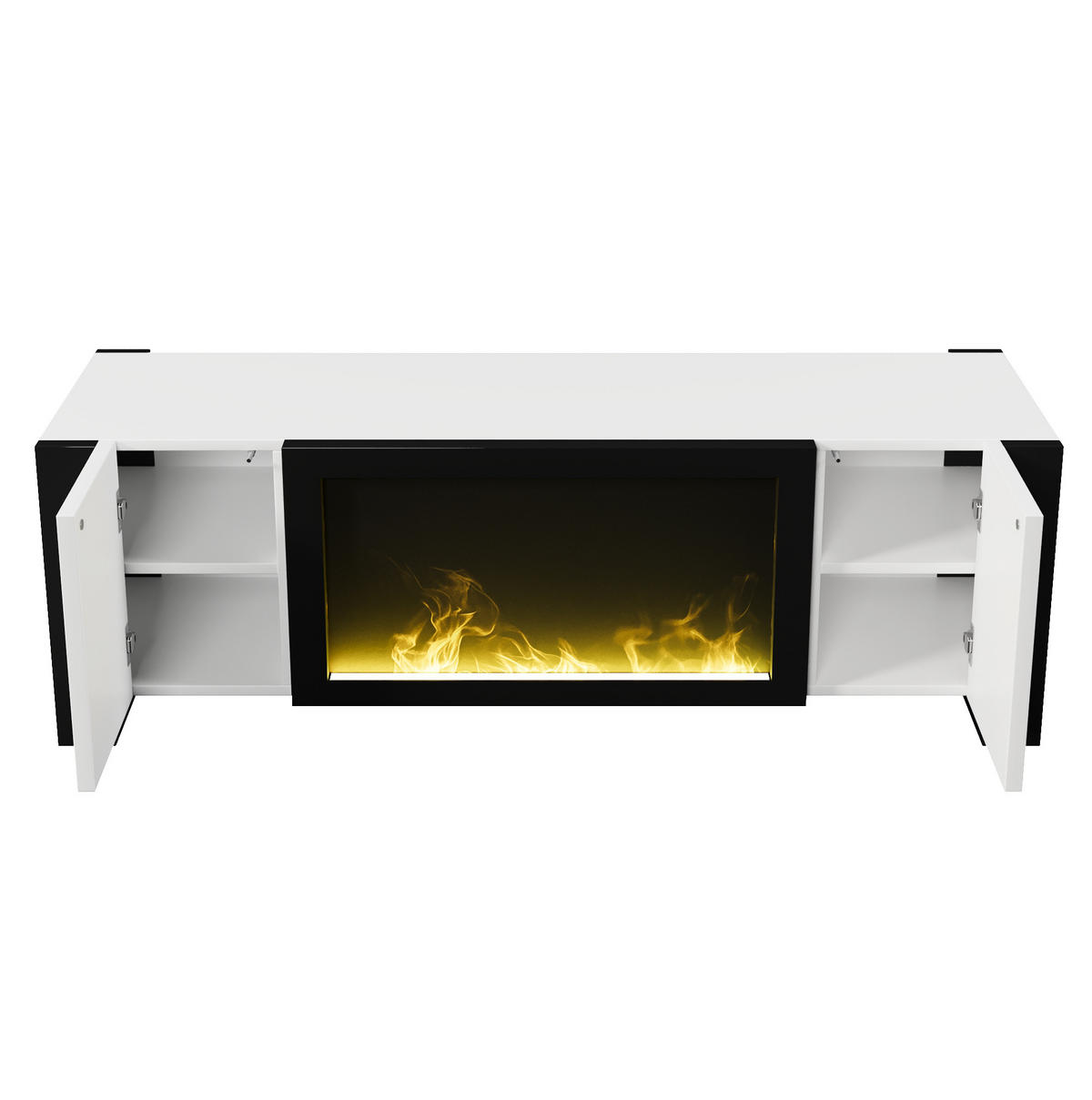 TV-SCHRANK aus Spanplatte 165x32x55 cm Weiß/Schwarz mit Elektrokamin, Hochglanzfront und Push-to-open - Schwarz, Holzwerkstoff (165/55/32cm) - Modfu