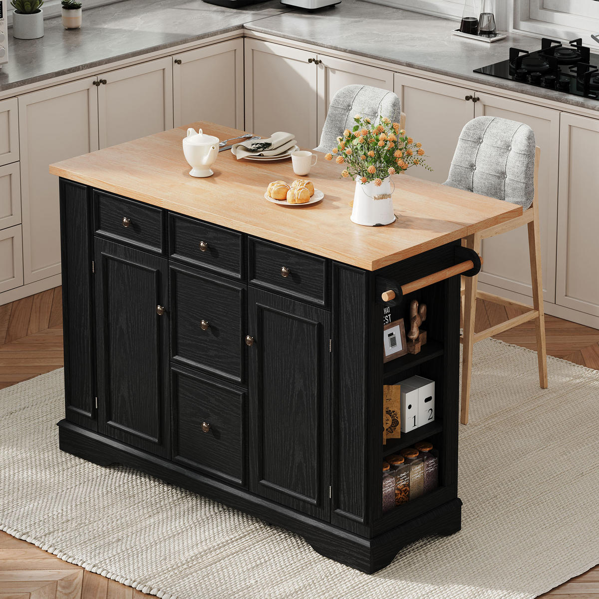 KÜCHENINSEL aus MDF 130.5x40-65x92 cm Schwarz mit klappbarer Platte & Ladestationc - Schwarz, Holzwerkstoff (130.5/92/65cm) - Modfu