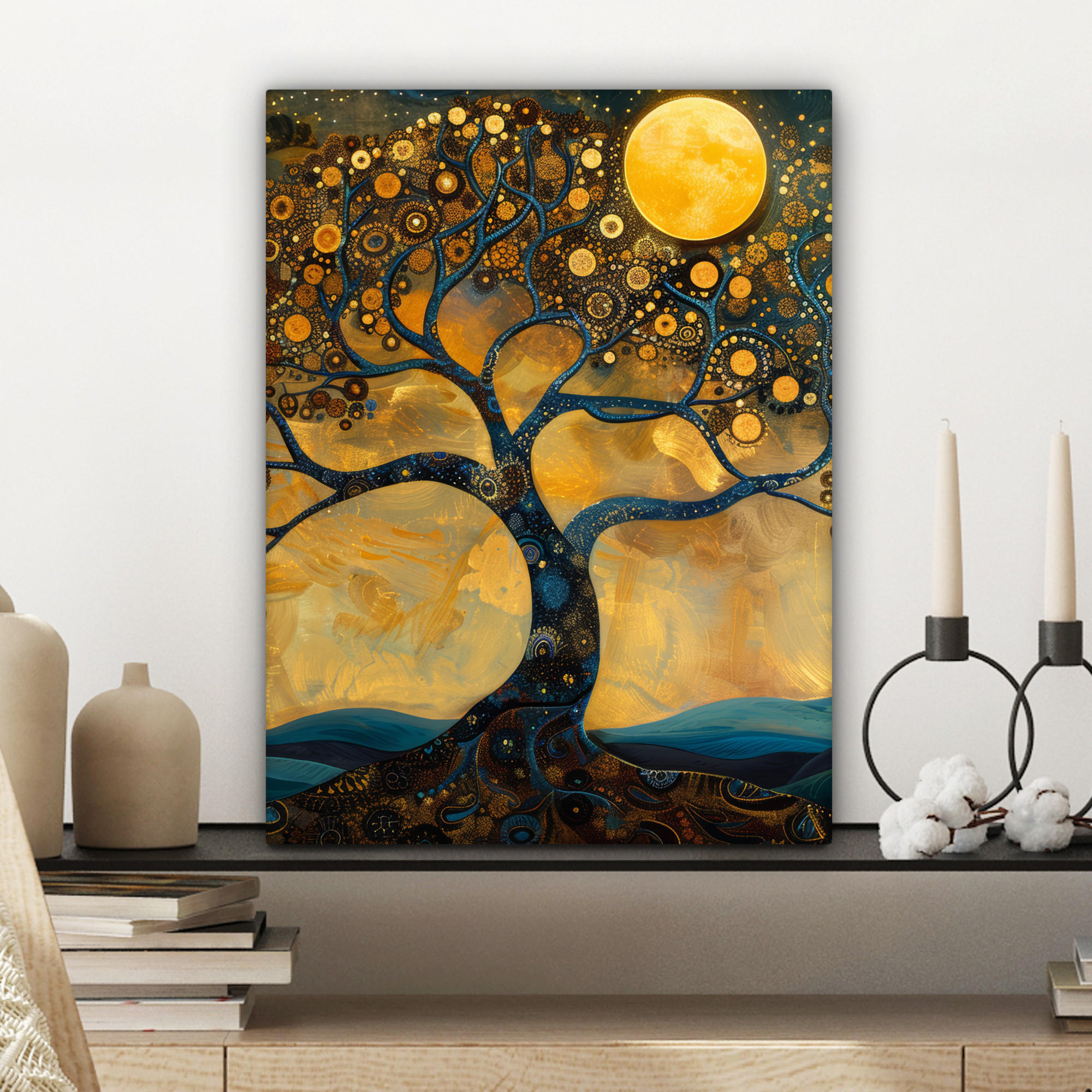 LEINWANDBILD Baum - Mond - Blumen - Gold - Kunst 30x40 cm - Orange, Textil (30/40cm) - MuchoWow