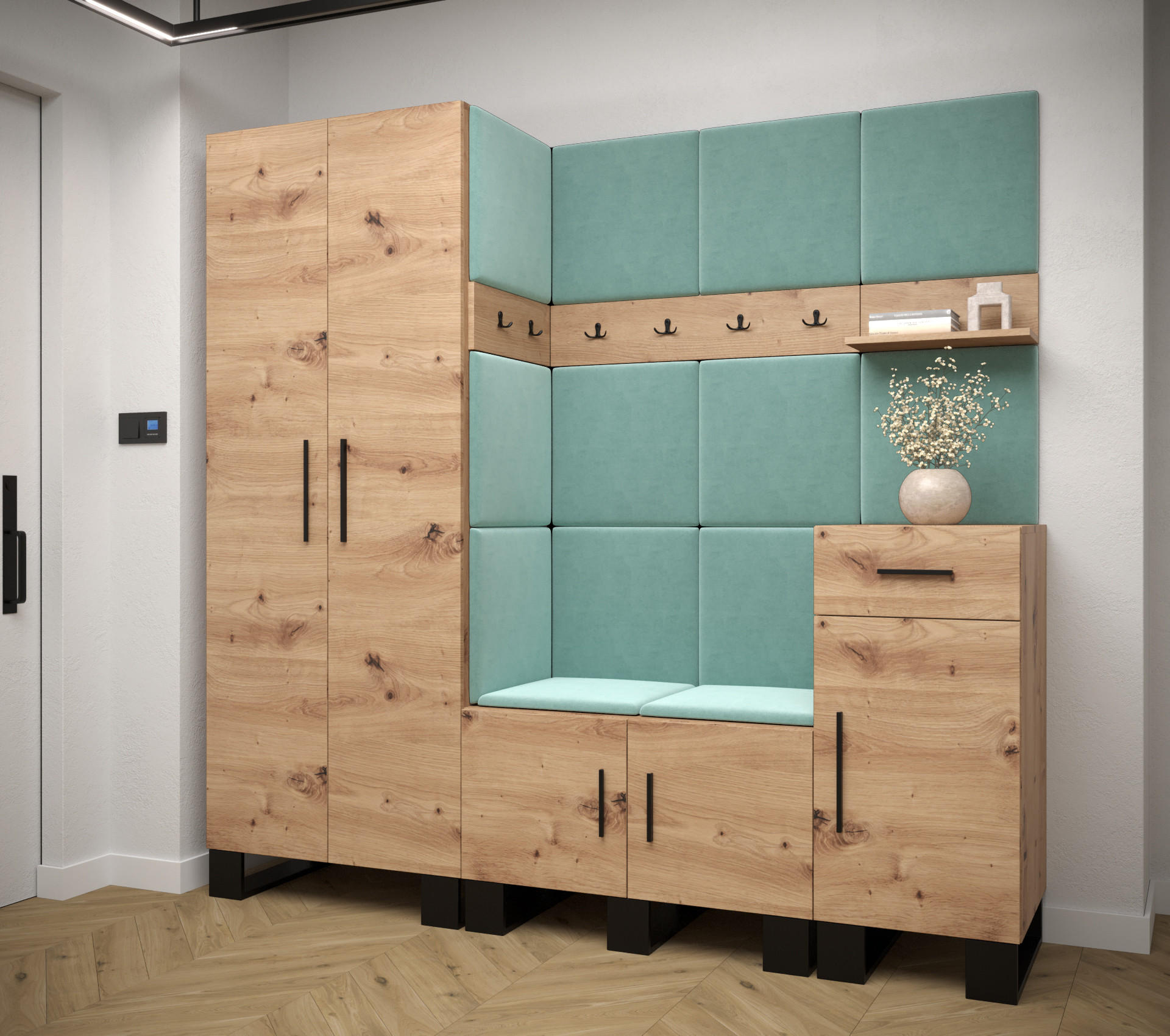 GARDEROBEN-SET 196/200/45,6 - Schwarz/Eiche Artisan, Holz/Kunststoff (200/196/45.6cm) - Abiks Möbel