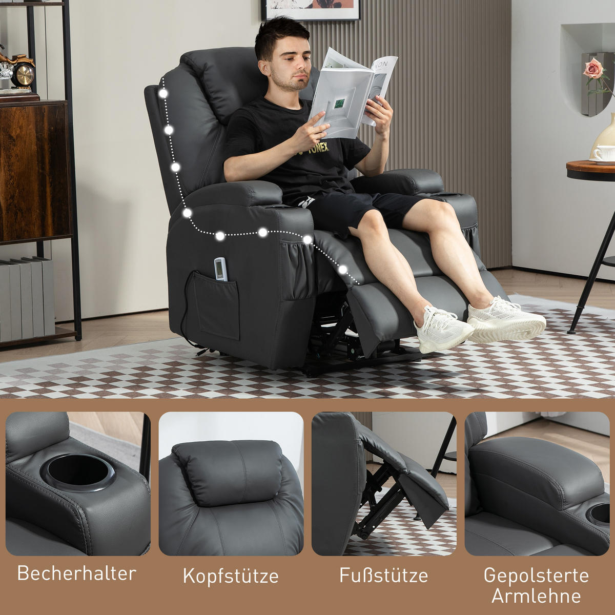 RELAXSESSEL mit Massagefunktion, Elektrisch Fernsehsessel mit Liegefunktion - Dunkelgrau/Schwarz, Leder (97/110/82cm) - HOMCOM