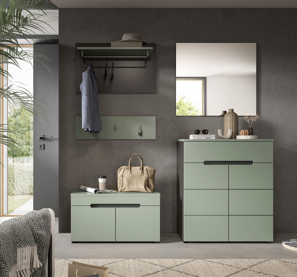 GARDEROBE Nova (B/H/T: ca. 175/190/37 cm) 5 tlg. in Basalt grau/Smoke Green - Grau, Holzwerkstoff (175/190/37cm)