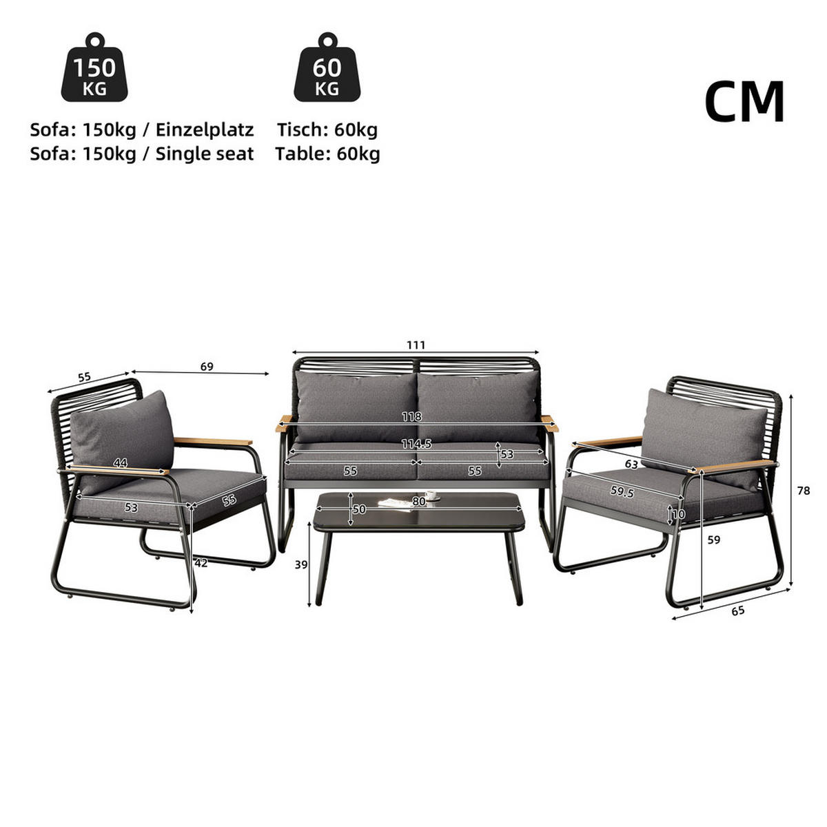 GARTEN Lounge Set für 4 Personen mit Eisenrahmen Glastisch verstellbaren Beinen Sitz und Rückenkissen Schwarz - Grau, Metall