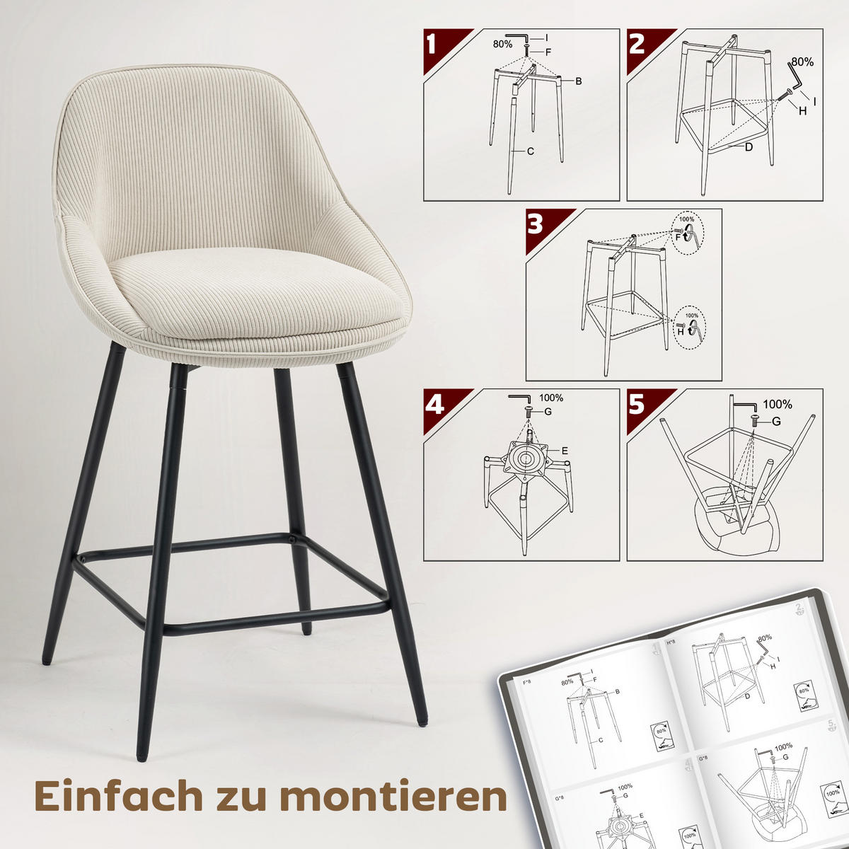 BARHOCKER 2ER-SET aus Polyester Cremeweiß - Creme, Textil (49/88/52cm) - HOMCOM
